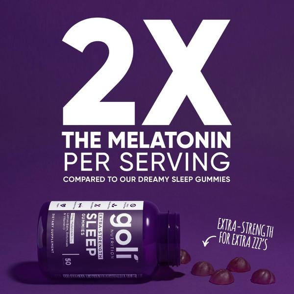 A high-contrast ad featuring a bottle of sleep gummies with the clear headline '2X The Melatonin Per Serving' to highlight product efficacy.